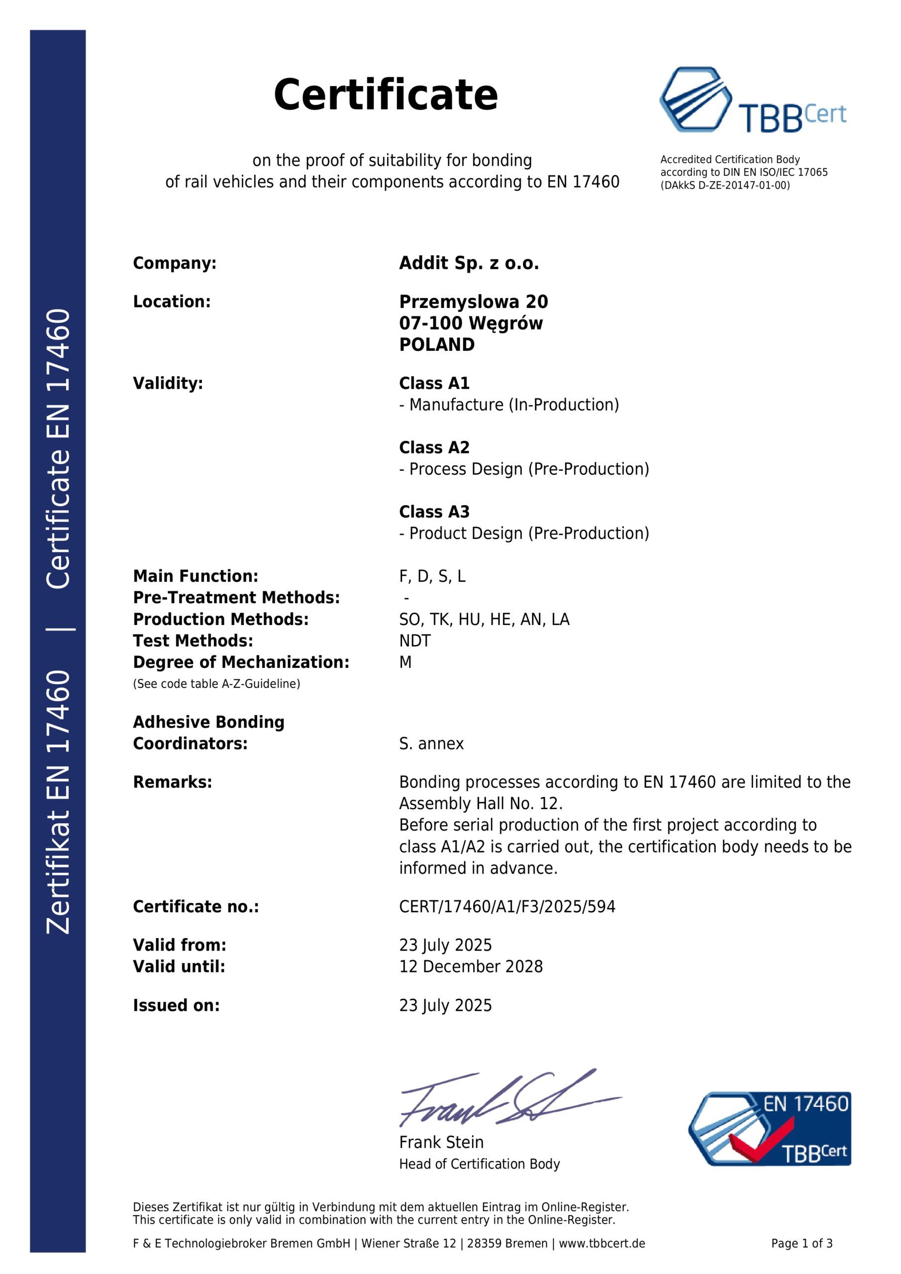 Addits Zertifizierung nach EN&nbsp;17460 Klasse A1